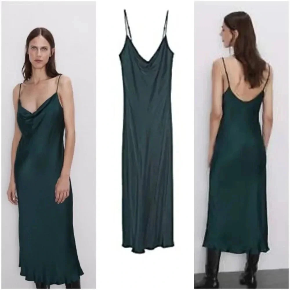 Zara emerald green midi cowl slip dress